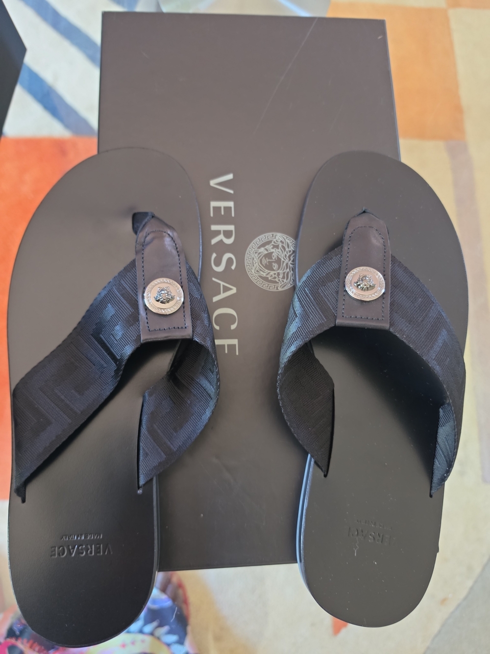 Versace Men’s Black Medusa-Emblem Flip Flop Sandals